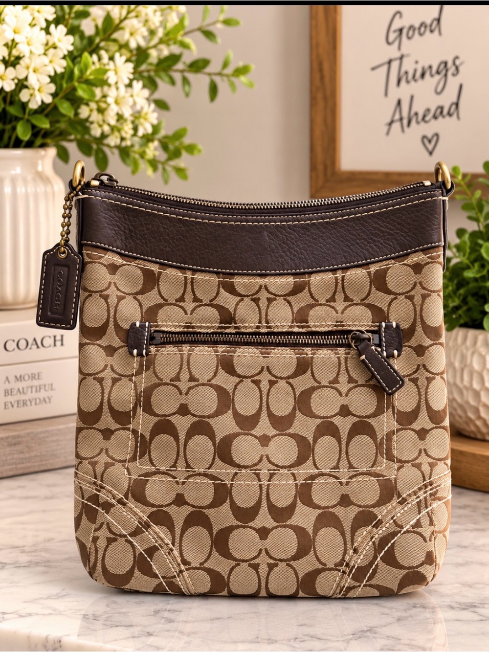Coach Beige and Brown Signature Canvas Shoulder Bag
